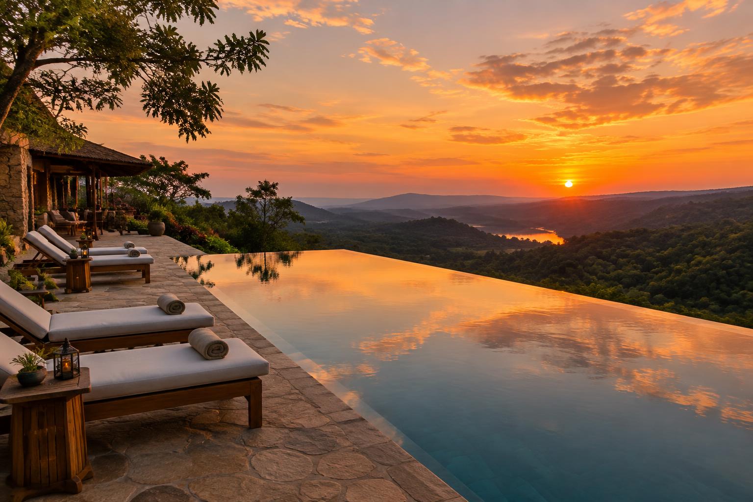 Infinity pool at sunset overlooking forested valleys
