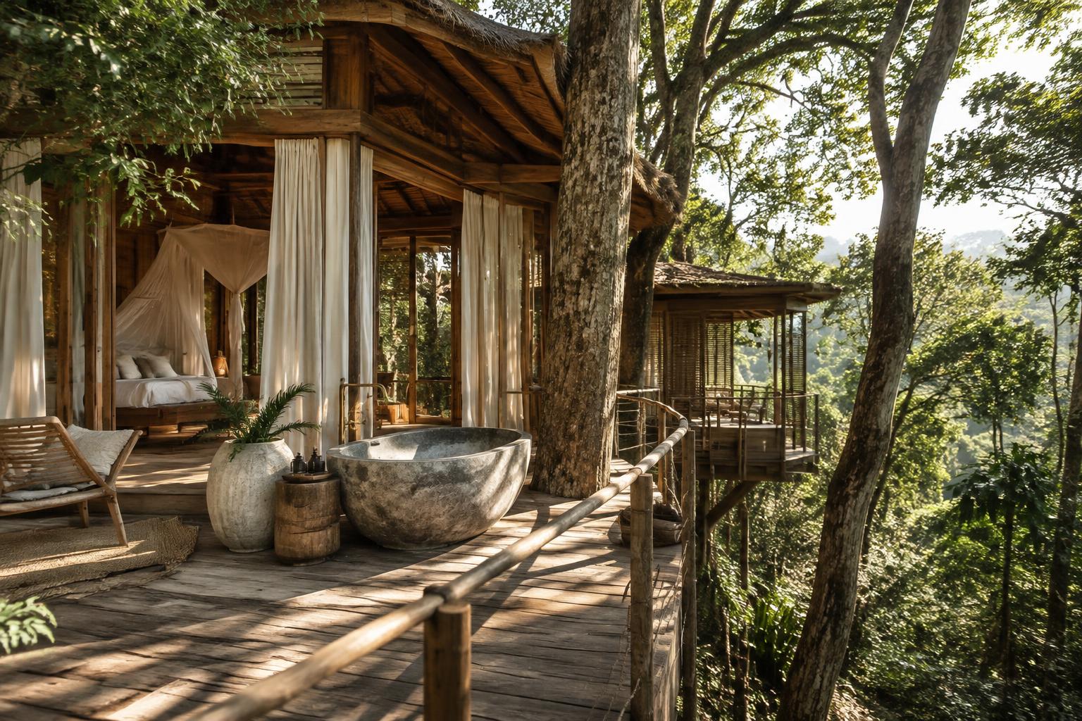 Raised timber retreat in the forest canopy with an outdoor stone bath on the deck